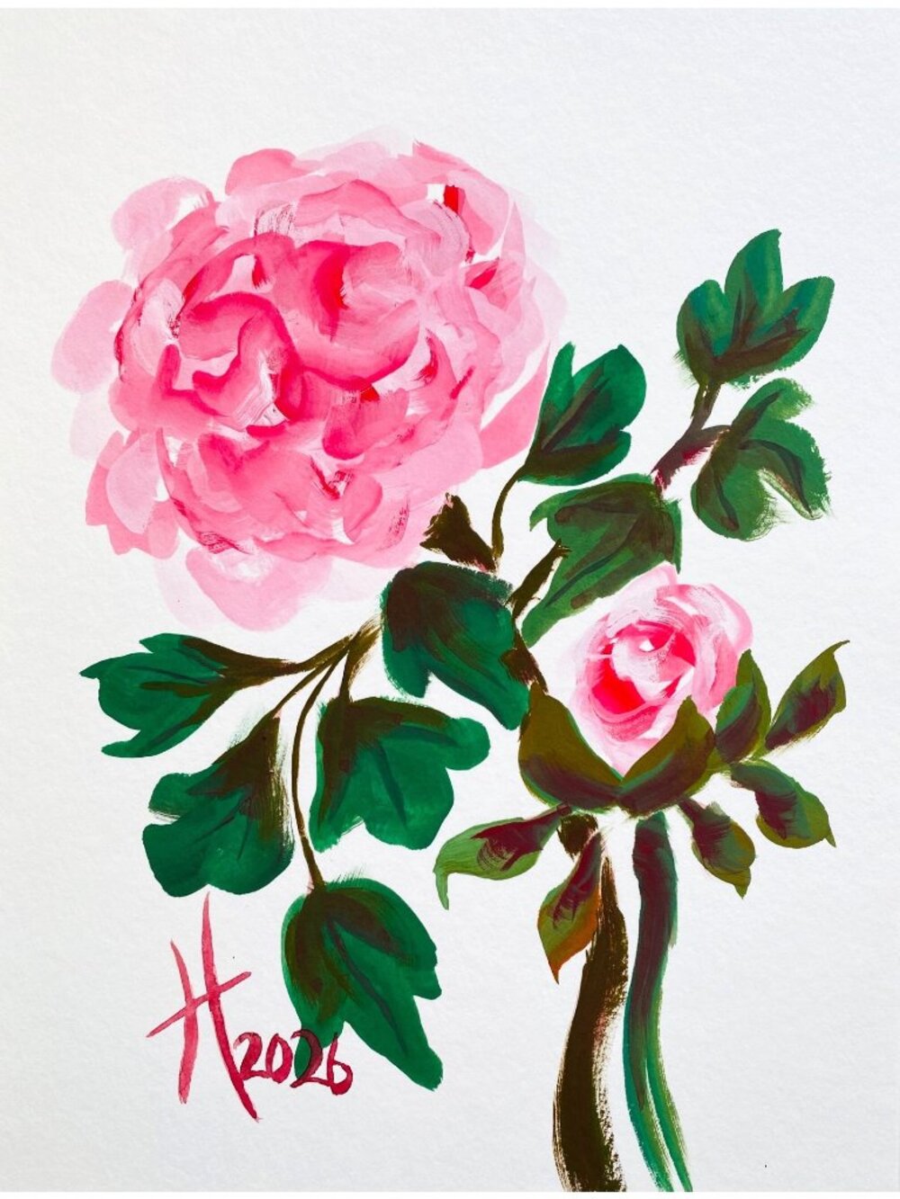 Peony Friends Original Art Acrylic Gouache Painting 11x14in Matted Frame Ready